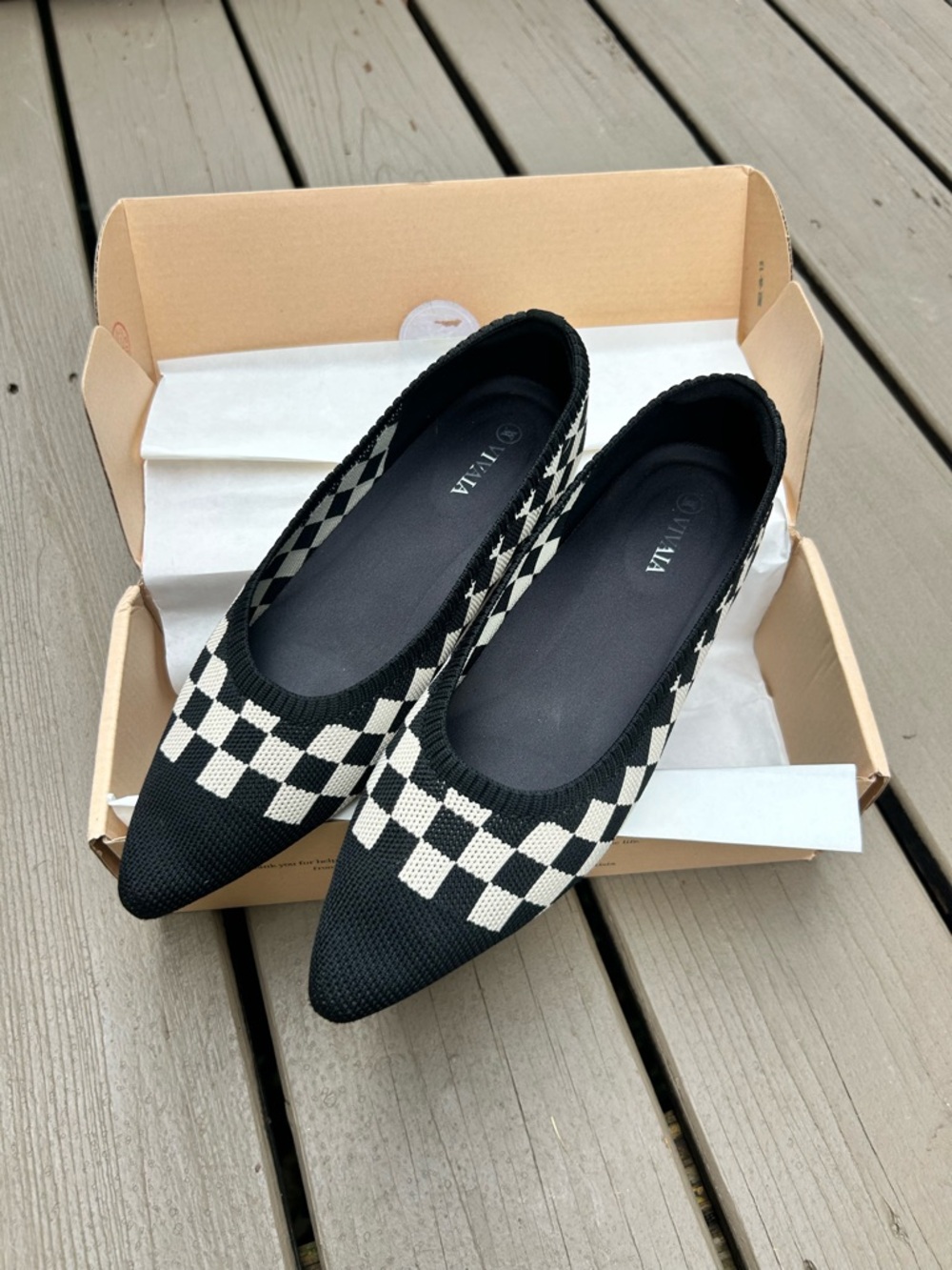 Vivaia Aria Black & Cream Checkered Pointed Toe Ballet Flats | Size 39.5 US 9.5